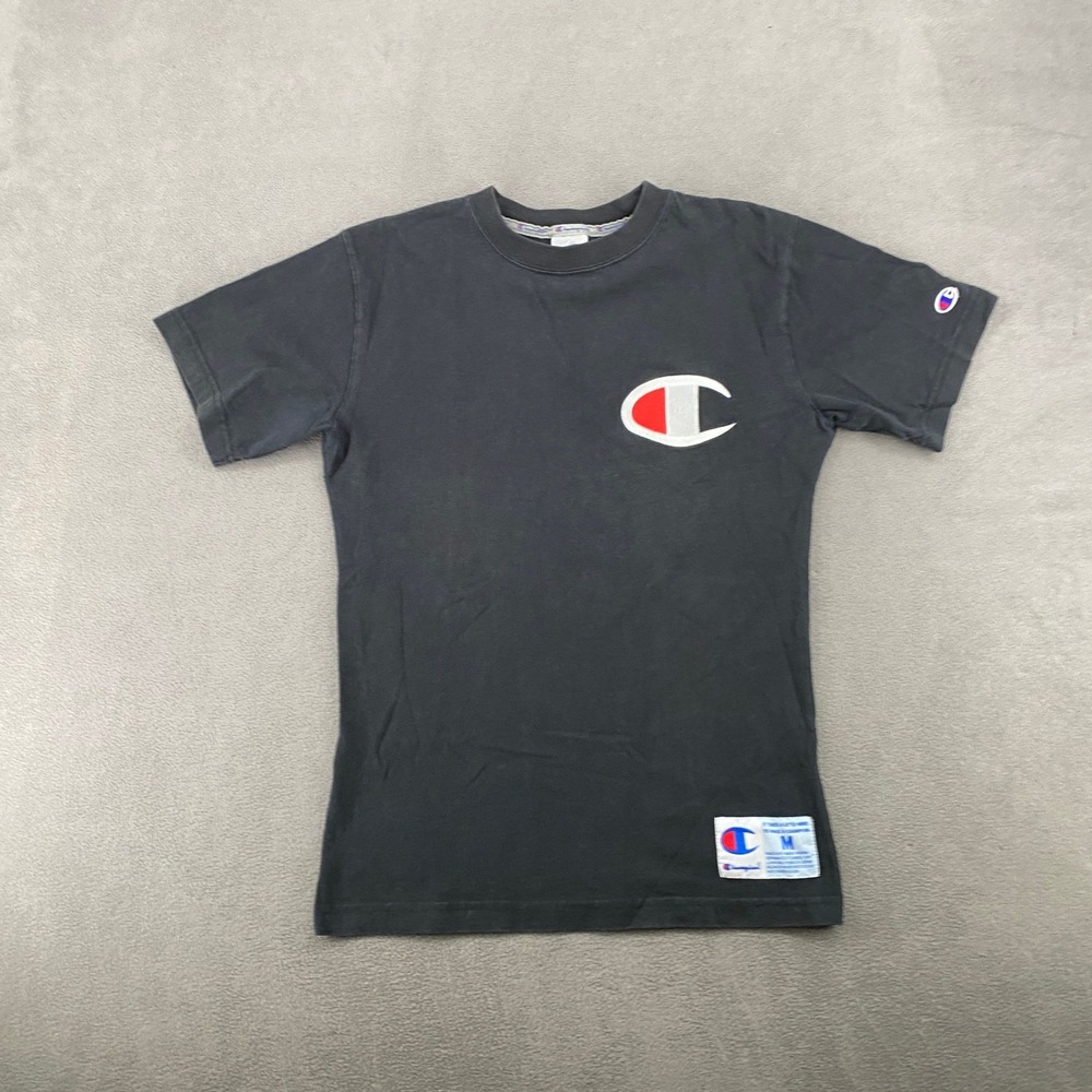 Vintage 90s Champion Big C Logo T-Shirt Black Embroidered Jock Tag Mens Medium